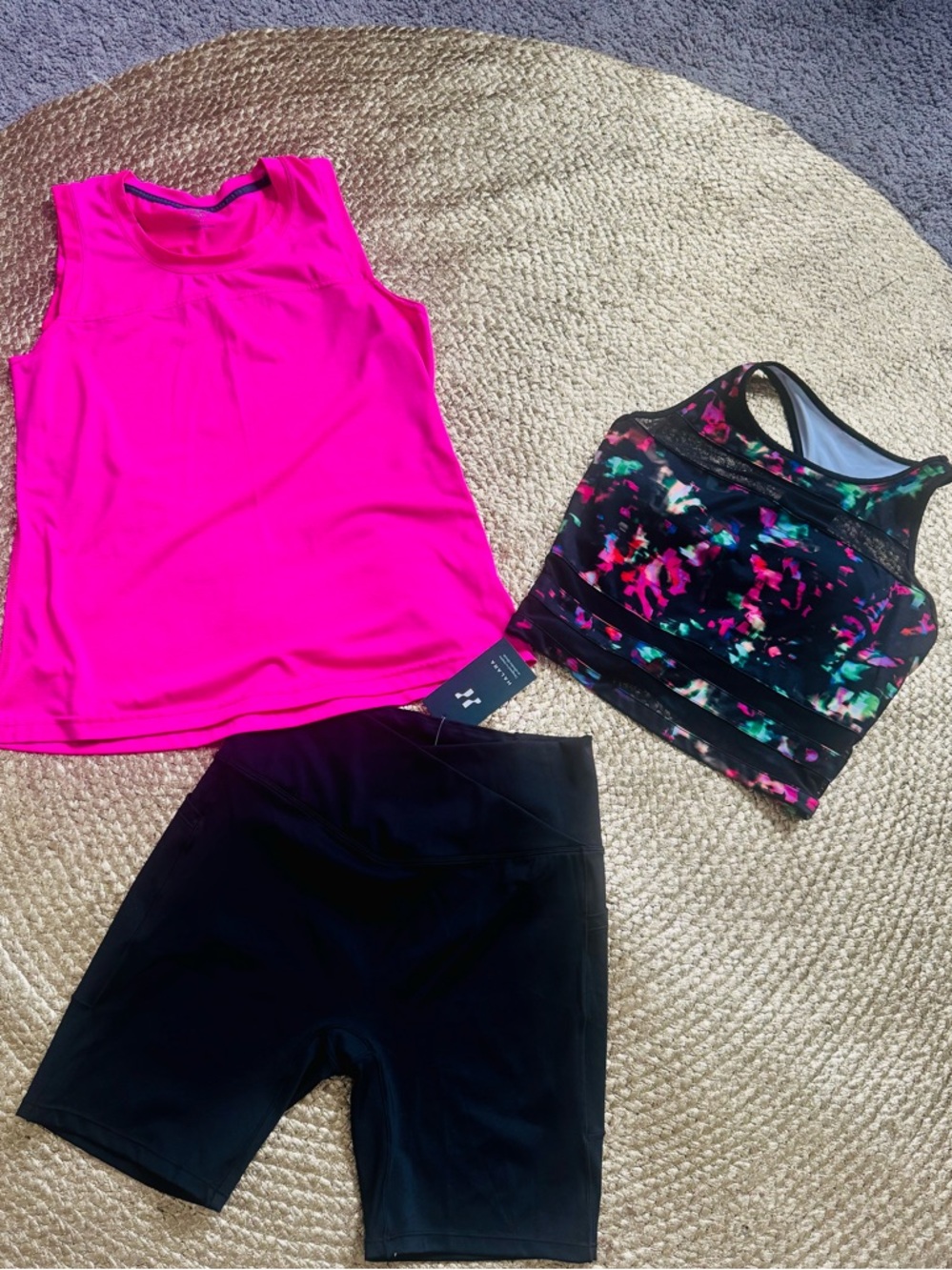 HALARA Black Bike Shorts with Neon Pink Tank & Floral Sports Bra Bundle